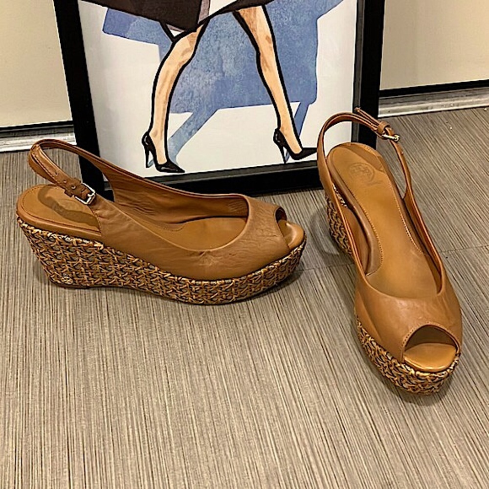 Tory Burch Tan Gold Wedge Sandals with Peep-Toe
